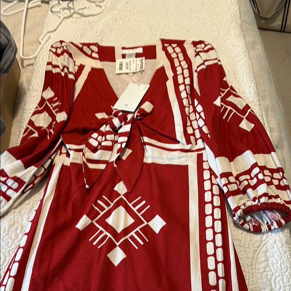 Caroline Constas linen Red and White Patterned Dress